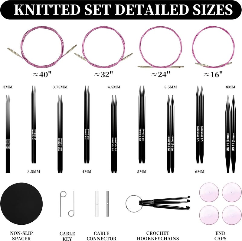 Froggod 4.53-inch (11.5cm) Interchangeable Circular Knitting Needles Set Aluminum US Sizes 2.5, 4, 5, 6, 7, 8, 9, 10, 11 with Interchangeable Knitting Needles and Cables, Accessories and Case, 9 Pairs - Image 2